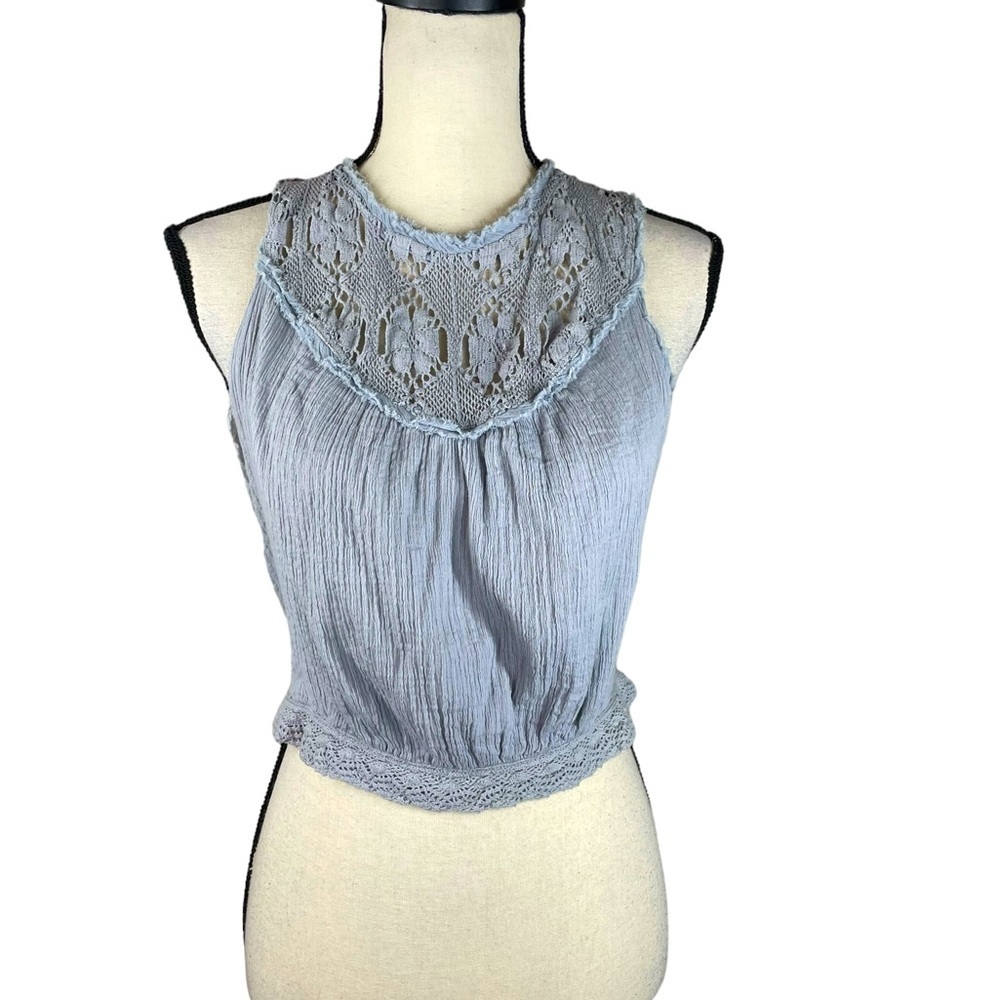 Free People Gauze Lace Tie Back Crop Top Gray High Neck XS